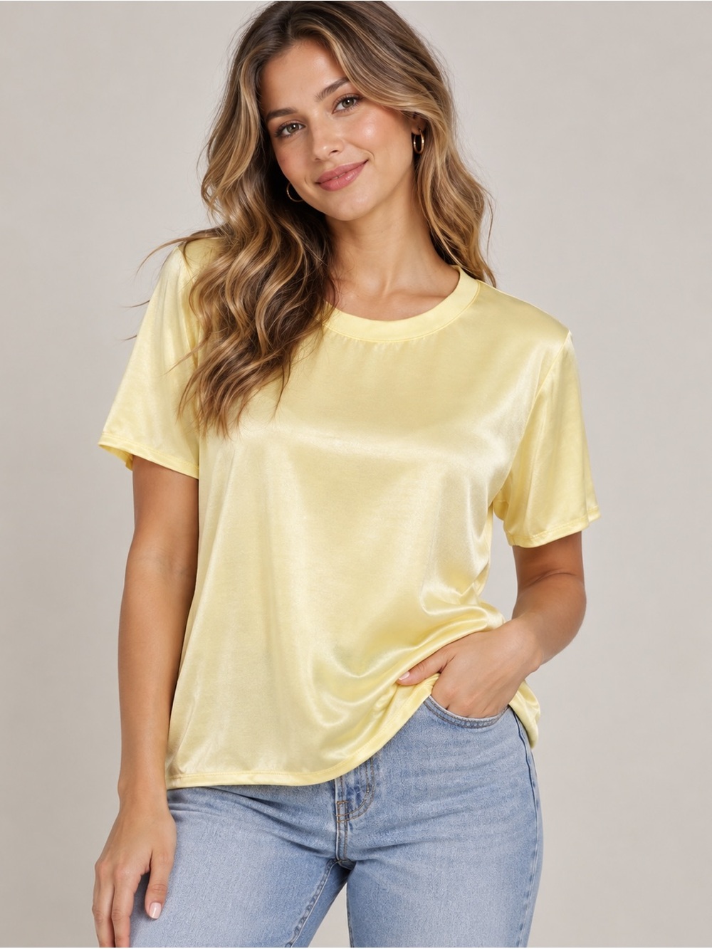 Nation Los Angeles Marie Sateen Light Yellow Short Sleeve Boxy Tee‎ blouse XL